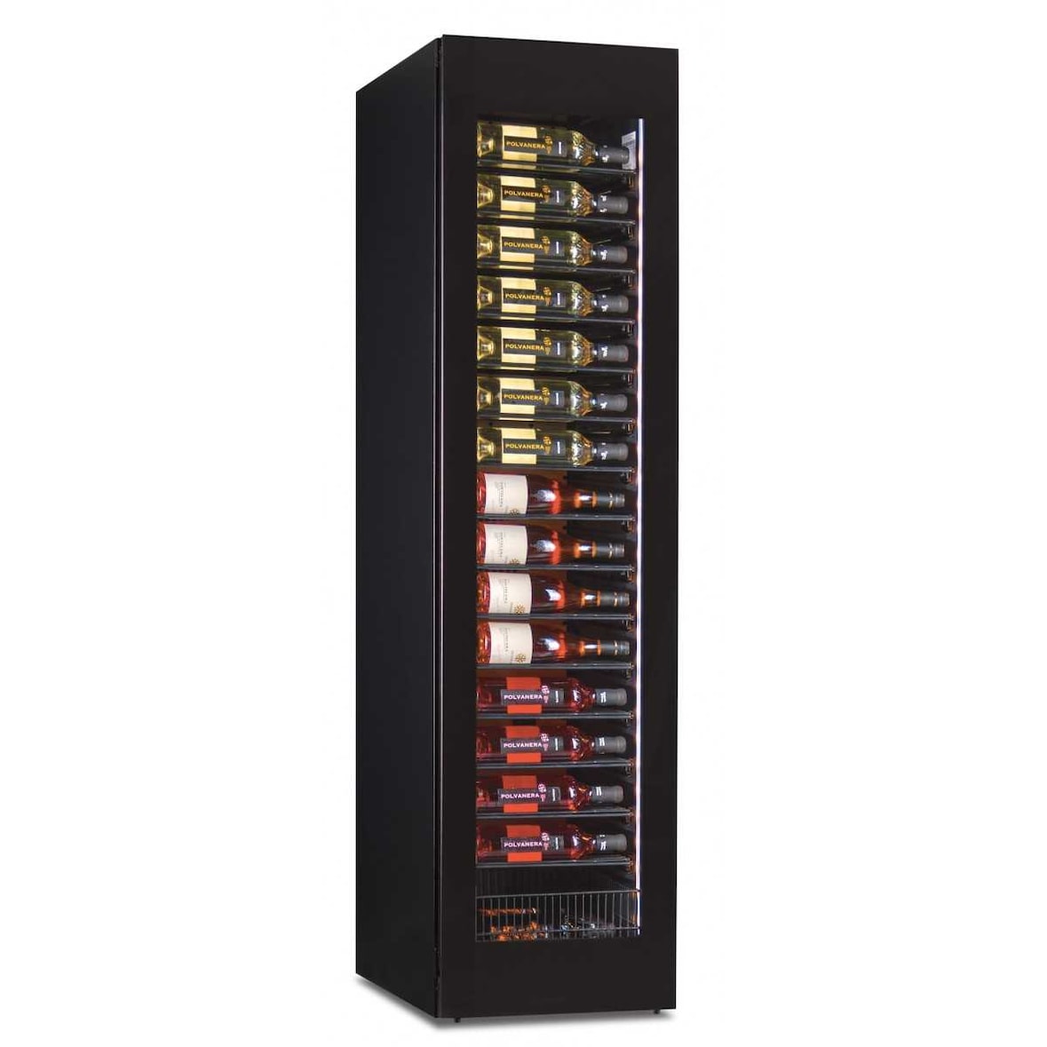 Vetrina vino slim 112 bottiglie temperatura +2°C +20°C mensole in metallo e cassetto inferiore SLIMWINESW1121TB