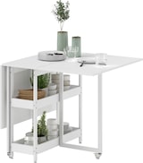 thumbnail of Klapptisch aus Holzwerkstoff Weiß, mit 2 offenen Ablagen und Rollen, ausziehbar für 2-4 Personen, 133,4x80x75 cm