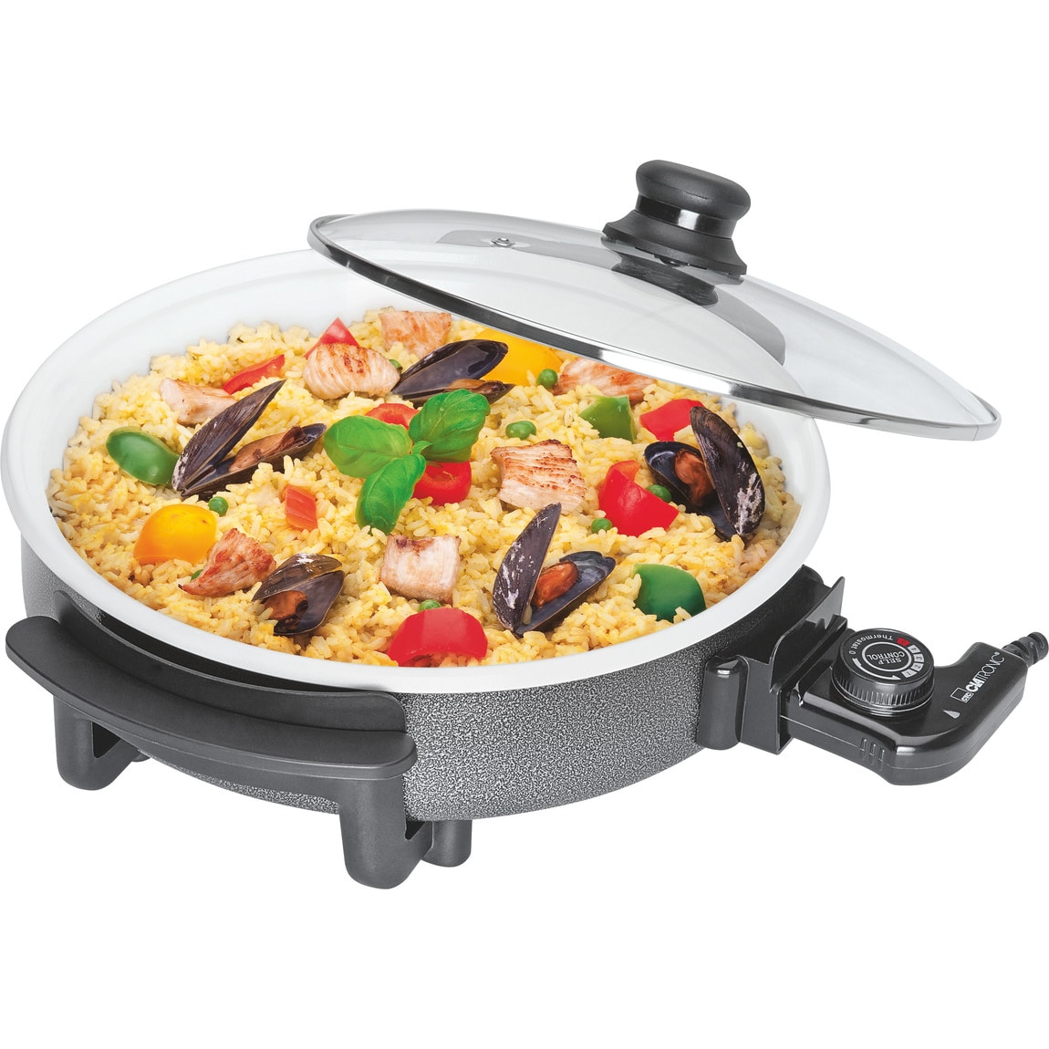 Clatronic PP 3401 Sartén Eléctrica, Paellera, 32 cm, Tapa Cristal, Antiadherente, Termostato Ajustable, 3,5cm Altura 1500W Negro