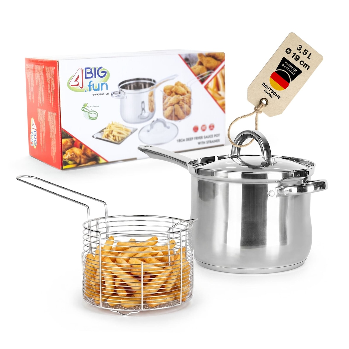 Frittiertopf 3,5L aus Edelstahl mit Frittierkorb & Glasdeckel – Induktion, Gas, Ceran & Elektro – Pommestopf Fritteuse Spülmaschinenfest