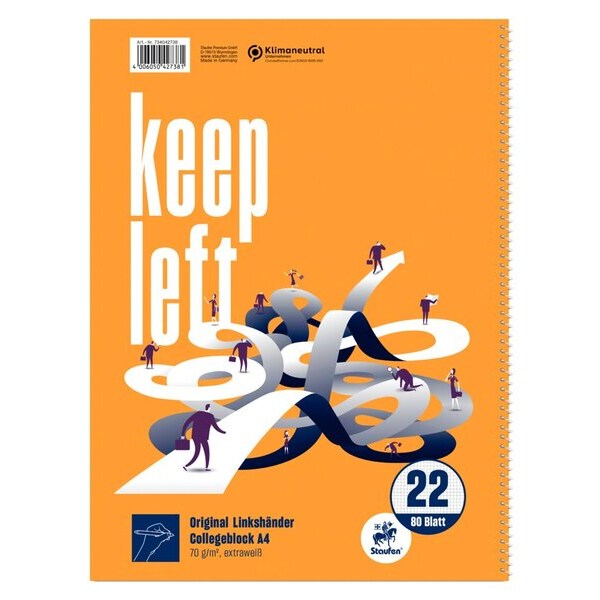 Collegeblock für Linkshänder, A4, Spiralbindung rechts, kariert, 80 Blatt, 70g/qm