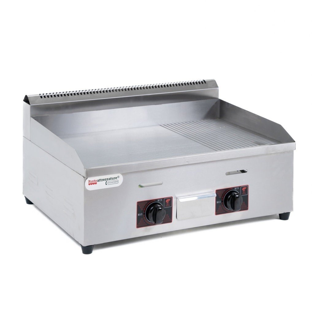 Fry Top, professioneller Gasgrill auf der Arbeitsplatte, aus Edelstahl – 2/3 glatte, 1/3 gerippte Platte – 73 x 55 x 40 h cm