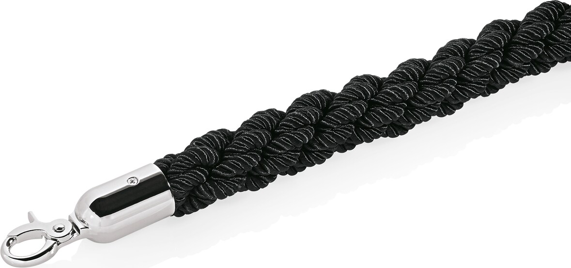 Ein schwarzes Seil mit einem silbernen Haken.