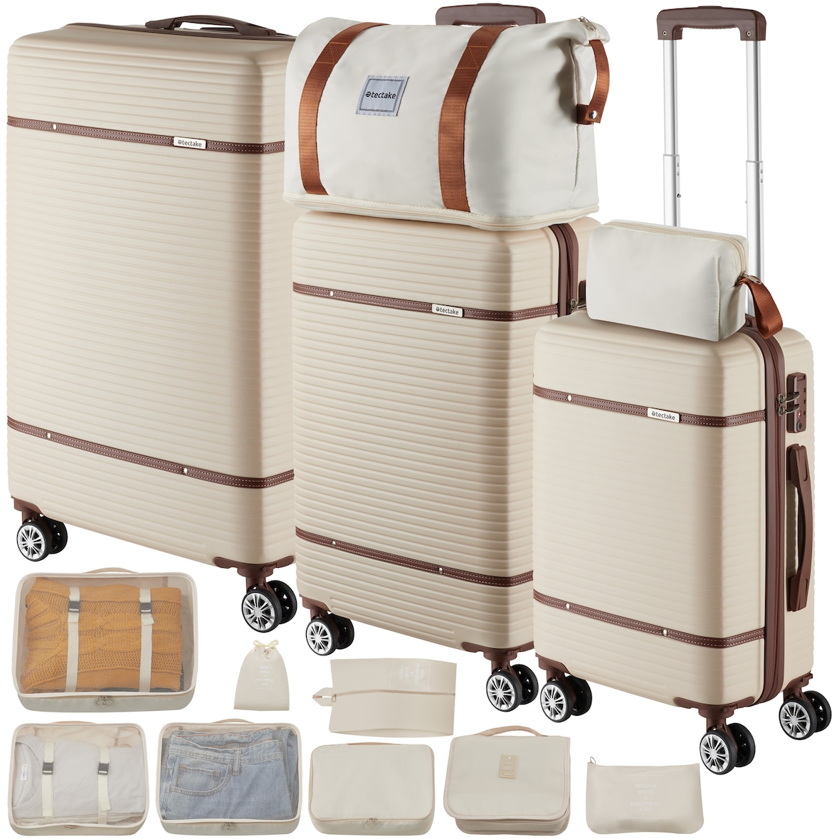 tectake Set di valigie da viaggio Madison, 13 pezzi, lucchetto TSA 49 x 30 x 76 cm Crema