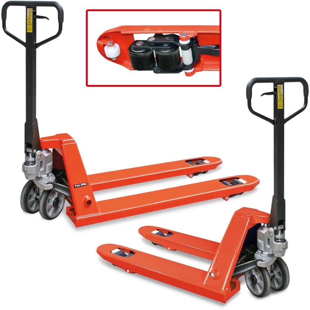 Set 2x Gabelhubwagen Tragkraft 2500 kg, 1x Hubwagen Gabellänge 1150 mm, 1x Hubwagen kurze Ausführung Gabellänge 800 mm