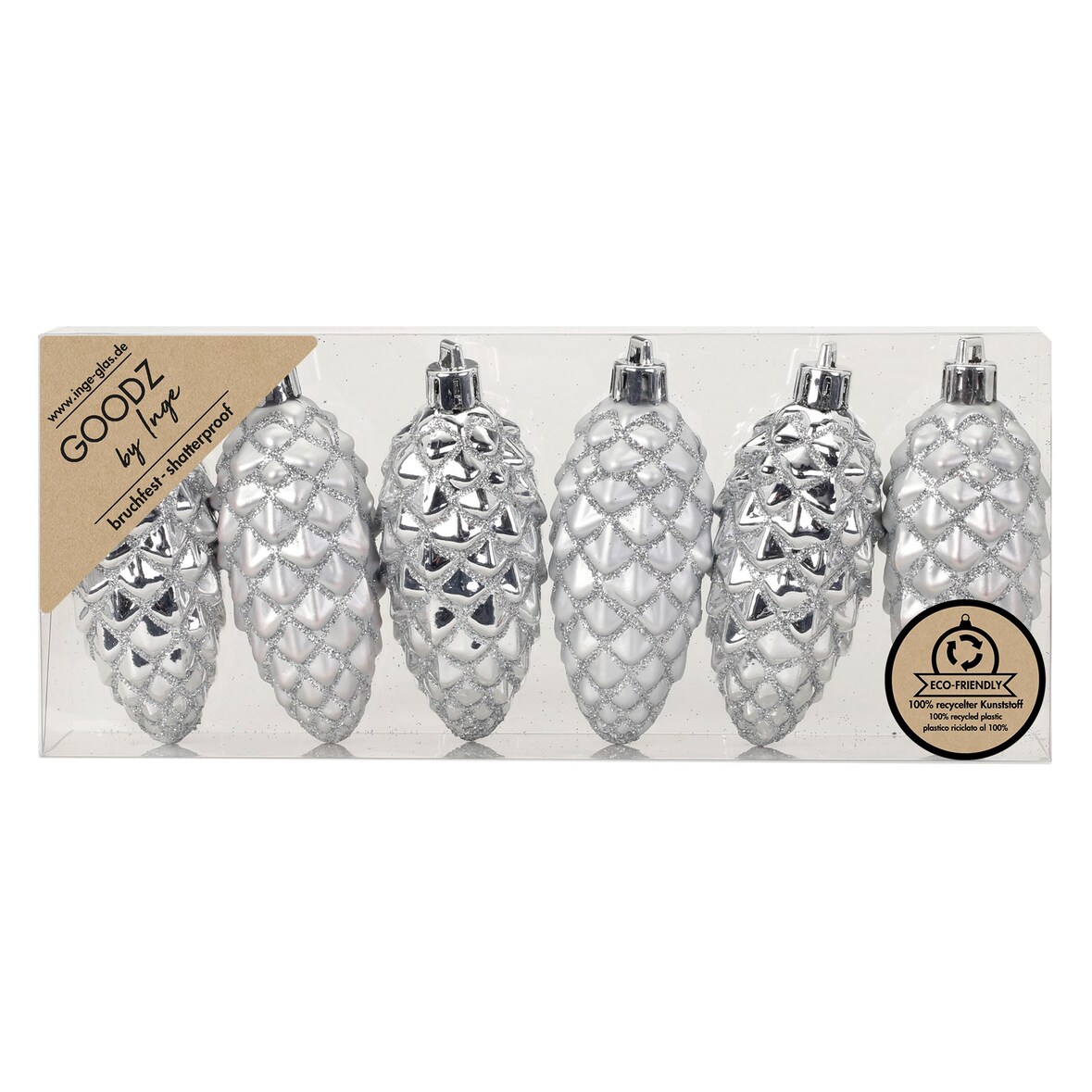 6 Christbaumschmuck Zapfen 9cm Kunststoff Christbaumkugeln matt & glänzend mit Glitzer Weihnachtskugeln Mix Weihnachtsbaumschmuck Bruchsicher Silber