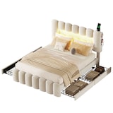 thumbnail of Merax 140 x 200 Polsterbett, Polsterbett mit 4 Schubladen, Polsterbet Bett mit LED-Lichtleiste mit USB und Stereoanlage, Beige