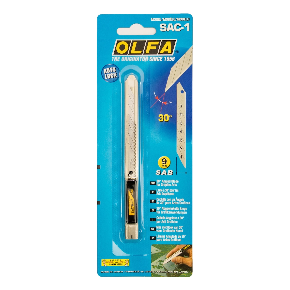 Olfa SAC-1  Cuttermesser mit 30° spitzen Klingen - mit rostfreiem Edelstahlgriff