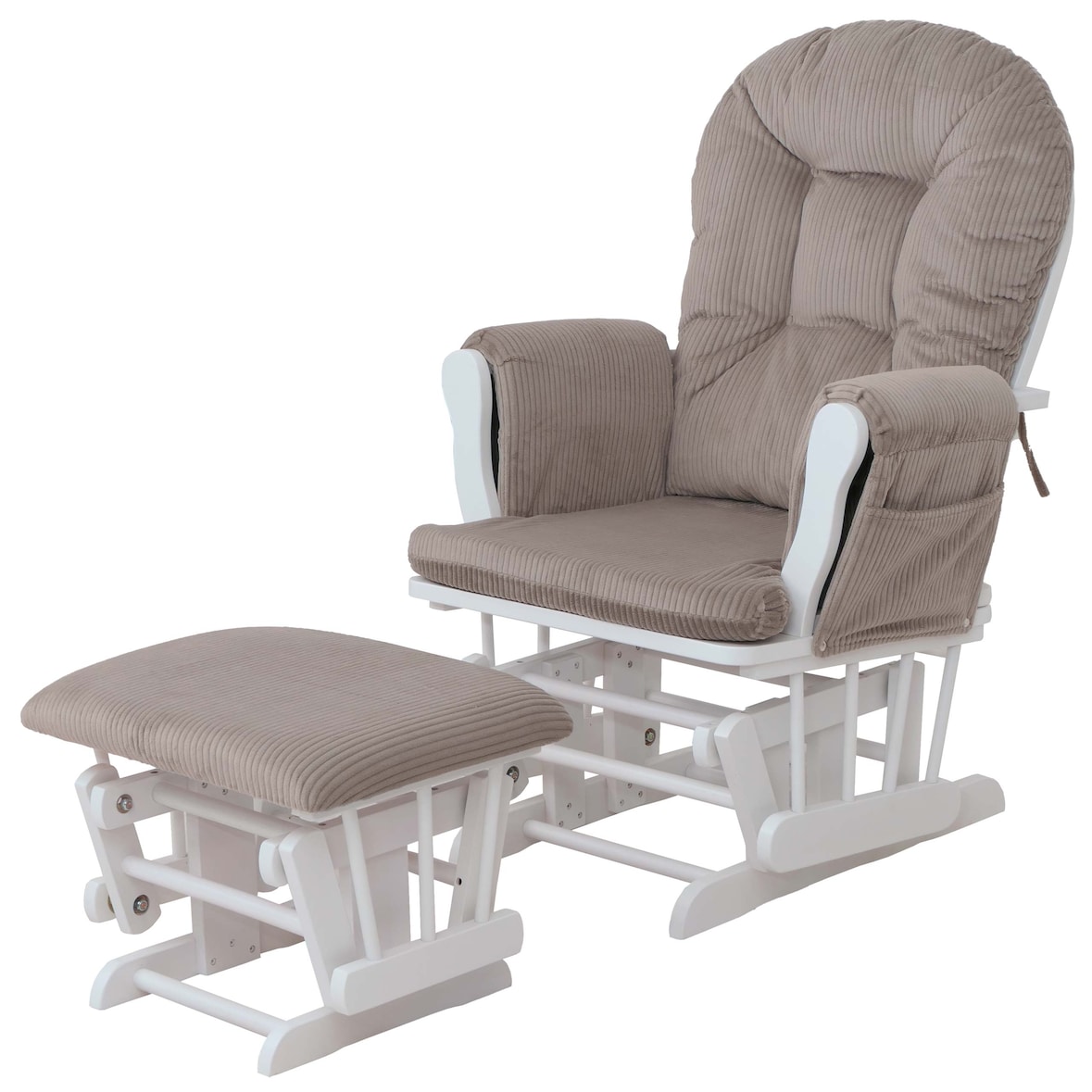 Relaxsessel HWC-C76, Schaukelstuhl Sessel Schwingstuhl mit Hocker Stoff Cord 320g/m² Öko-Tex ~ hellgrau Gestell weiß