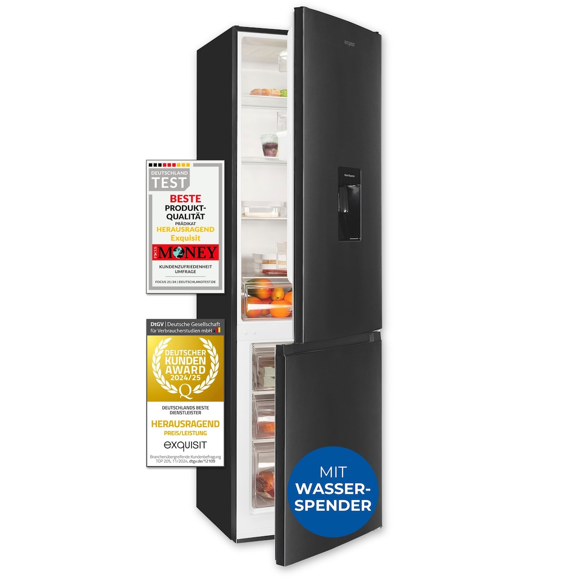 Exquisit Kühl-Gefrier-Kombination, Kühlschrank mit Gefrierfach, 260 Liter, Wasserspender, Alarm-Funktion, KGC5265-70-WS-040D inoxlook-az