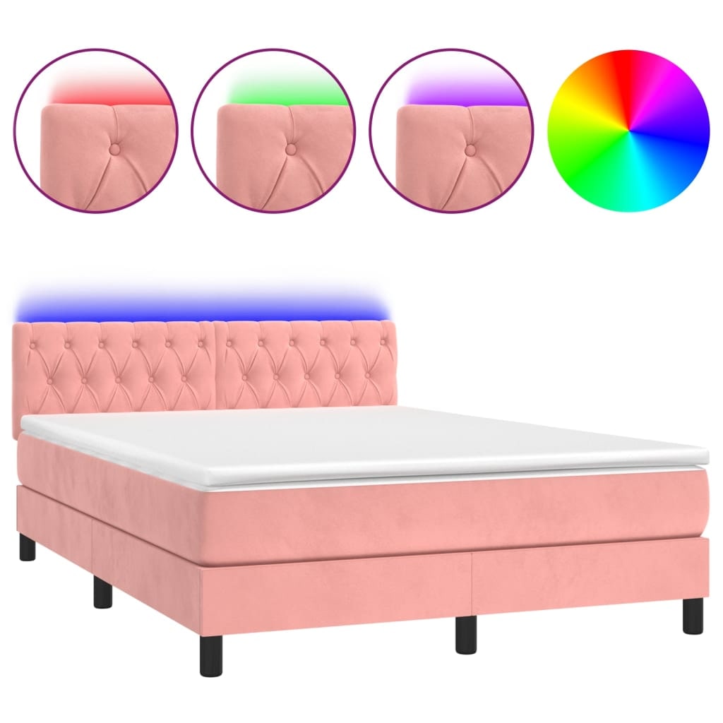 vidaXL Boxspringbett mit Matratze & LED Rosa 140x200 cm Samt