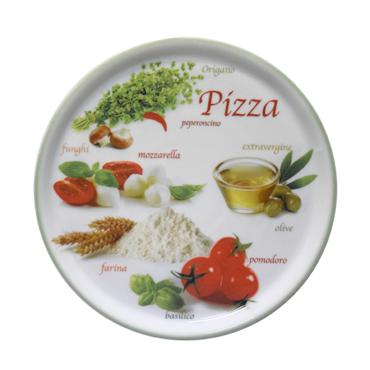 Set van 6 Grote Pizzaborden Ø 33 cm – Porselein – Italiaanse Print met Groene Rand – Voor de Ultieme Pizza-Avond