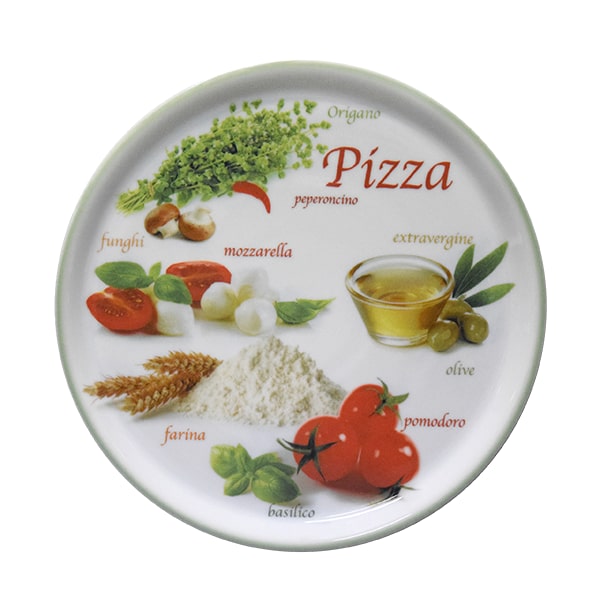 Set van 6 Grote Pizzaborden Ø 33 cm – Porselein – Italiaanse Print met Groene Rand – Voor de Ultieme Pizza-Avond