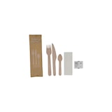 thumbnail of Kit couverts en bois 6 en 1 fourchette 16 cm + couteau 16 cm + cuillère à dessert + sel + poivre + serviette 1 pli  par 250