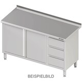 thumbnail of Stalgast Edelstahl Arbeitsschrank mit Flügeltüren, 1200x600x850 mm, mit 3er Schubladenblock links, mit Aufkantung, verschweißt