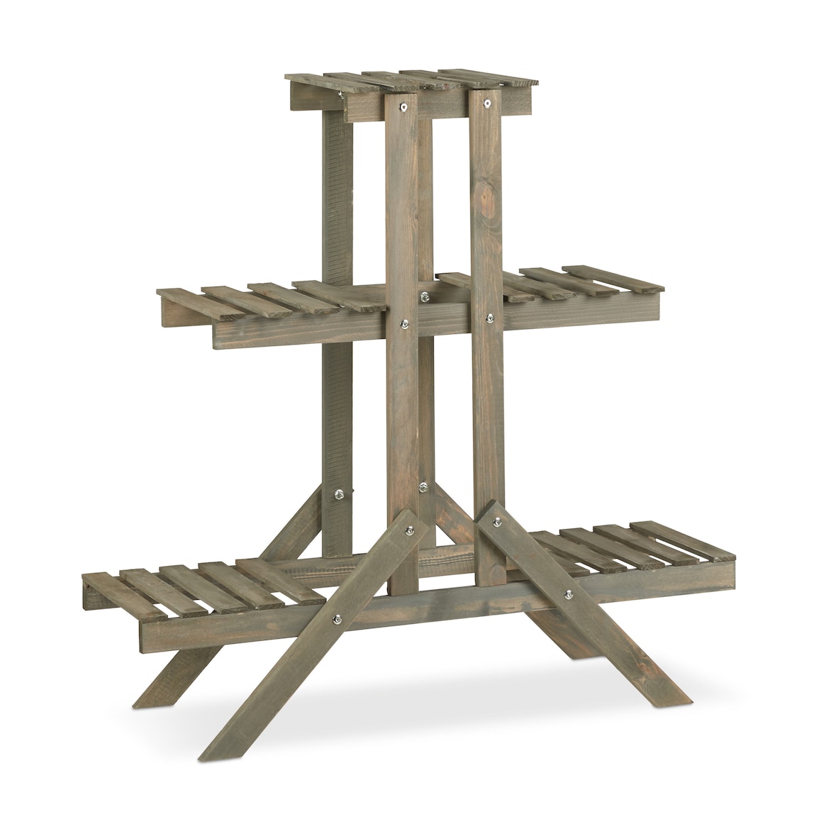 Relaxdays Blumentreppe aus Holz, 3 Stufen mit 5 Ablagen, Shabby Chic, innen, HBT: 83 x 83 x 28 cm, Blumenregal, grau