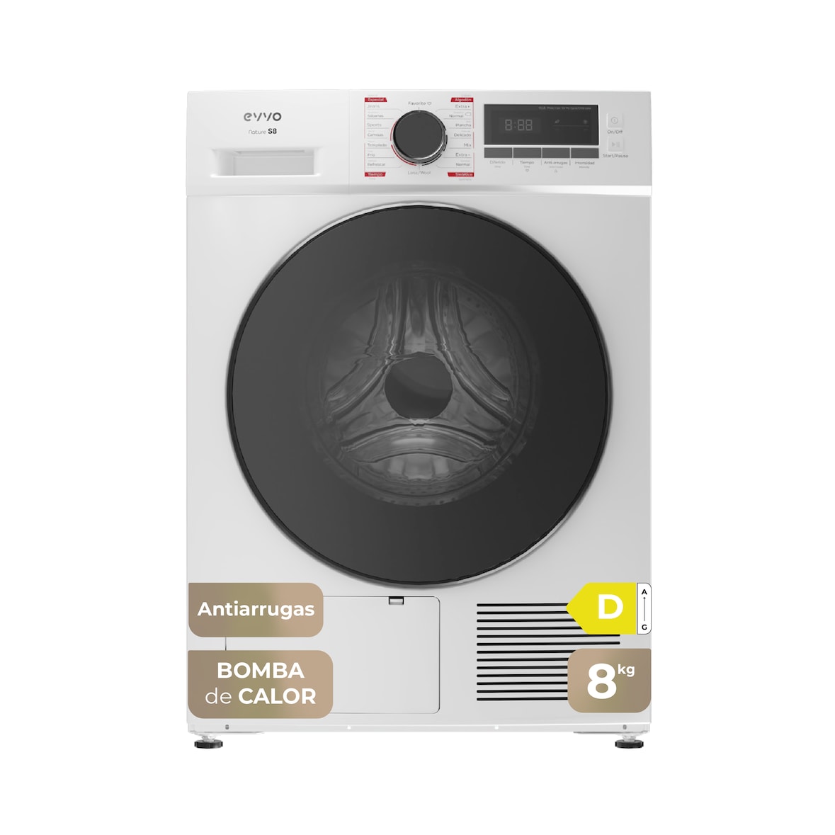 EVVO Secadora 8 kg bomba de calor S8, Clase energética D, Airfresh, Sensor de humedad, Antiarrugas, Inicio diferido, blanco