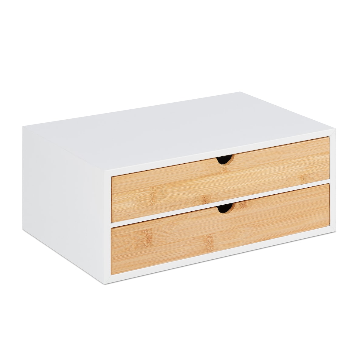 Relaxdays Schubladenbox, Bambus & MDF, Mini Kommode 2 Schubladen, HBT: 14x33x21 cm, Schreibtisch Organizer, weiß/natur