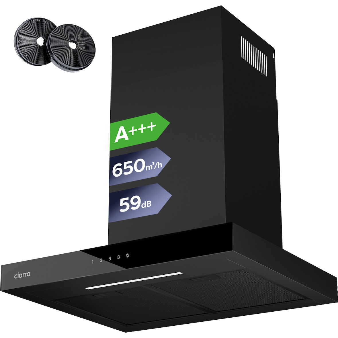 CIARRA Hotte aspirante 60 cm A+++ 650m³/h, WIFI & Commande Tactile, Fonction Booster, Recyclage ou Évacuation, Filtre à Charbon Inclus VMB6102