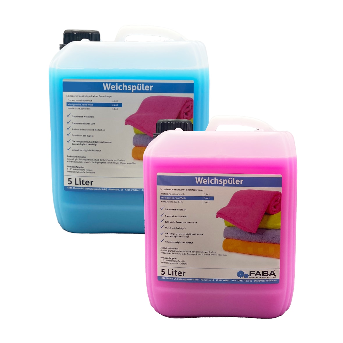 2 x 5 L Weichspüler blau/rose für weiche Wäsche mit angenehm frischem Duft inkl. Auslaufhilfe