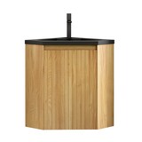 thumbnail of Wandhalterung Badezimmer-Waschtisch 52×38×38 cm dreieckig mit mattschwarzem Harzbecken und Holzschrank Natur