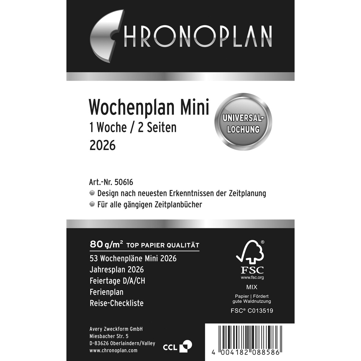 Chronoplan 50616 Wochenplan, Mini, 2026, Weiß, 79 x 125 mm, Inhalt: 59 Blätter / 1 Stück