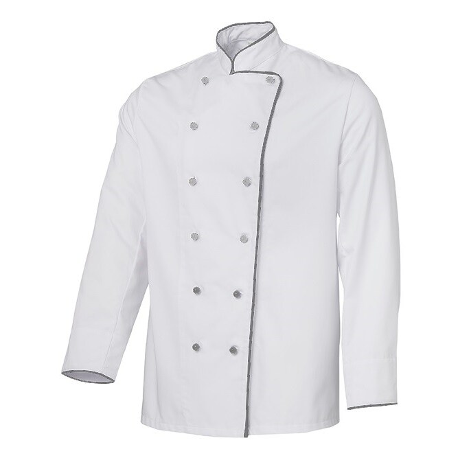 Grevotex Kochjacke / Bäckerjacke mit Paspel dunkelgrau und Kugelschreibertasche  / Größe 54