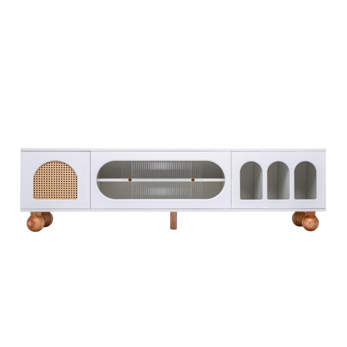 Merax Lowboard mit Rattantür und Glastüren, TV-Schrank mit Stauraum, TV-Board Landhaus, Fernsehtisch, Breite:170cm Weiß