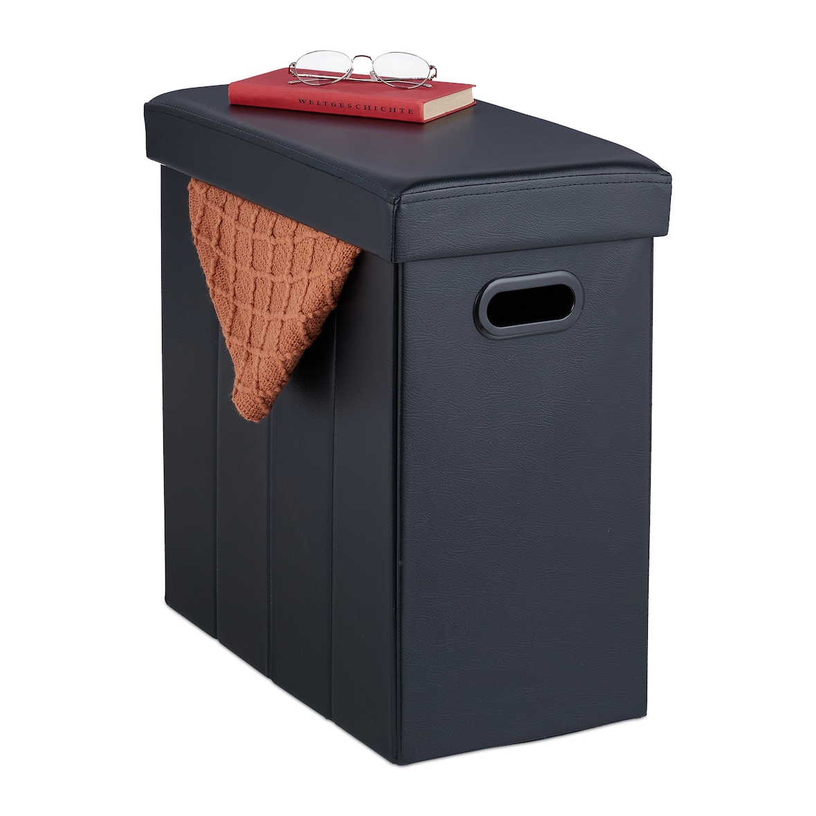 Relaxdays Sitzhocker mit Stauraum, Kunstleder, gepolstert, faltbarer Hocker, Wohnzimmer, HBT: 49 x 48,5 x 27 cm, schwarz