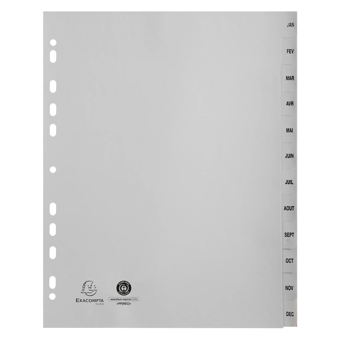 Exacompta - Réf. 2812E - Carton de 10 Intercalaires en PP recyclé gris - 12 onglets imprimés mensuel de janvier à décembre - A4 maxi