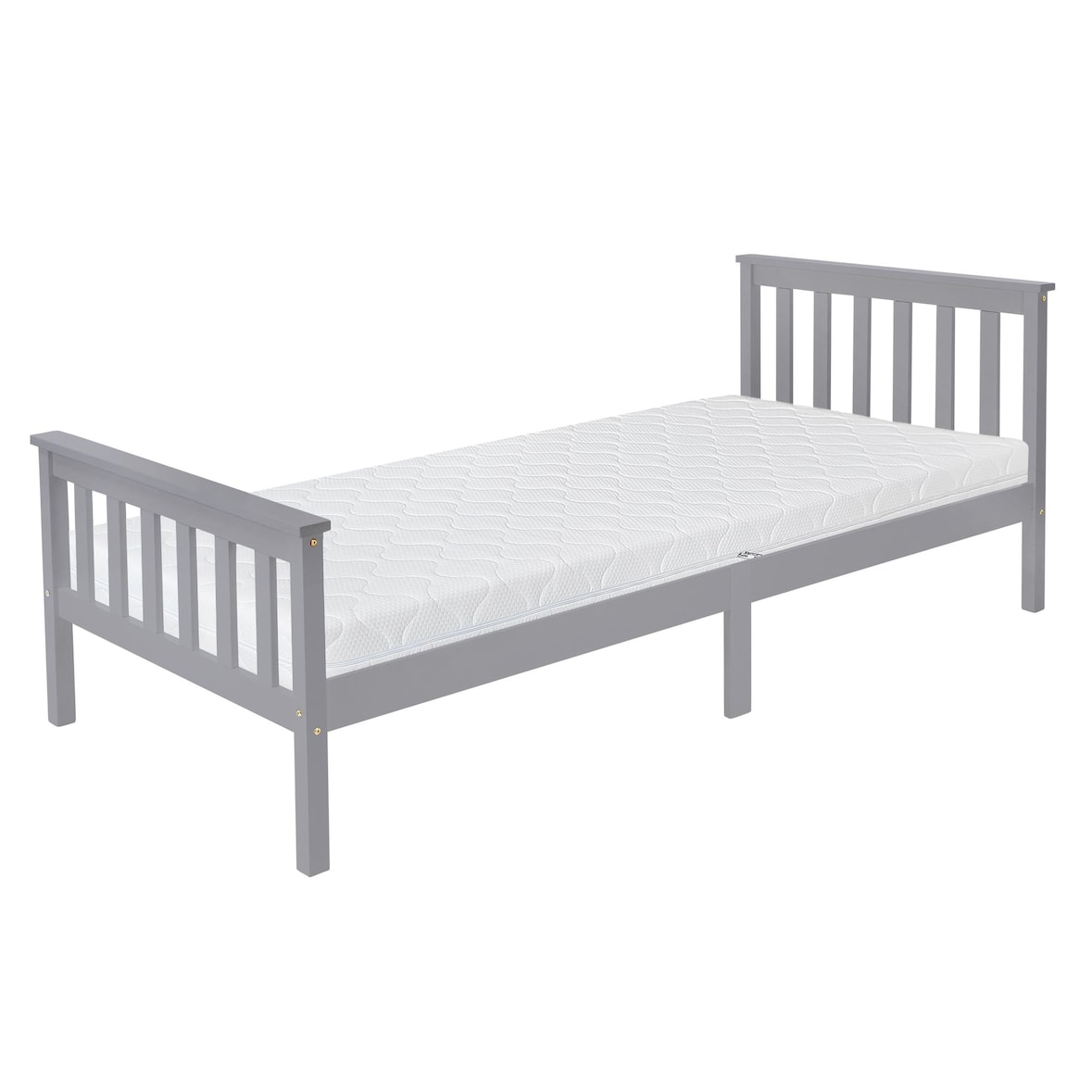 ML-Design Holzbett 90x200 cm Hellgrau mit Matratze H:16 cm, Massivholz Bettgestell aus Kiefernholz mit Lattenrost & Füßen, Einzelbett mit Kopf- &