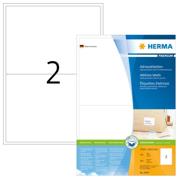 PREMIUM Etiketten 199,6 x 143,5 mm, 200 Etiketten , weiß, matt, permanent haftend, Blattformat: DIN A4