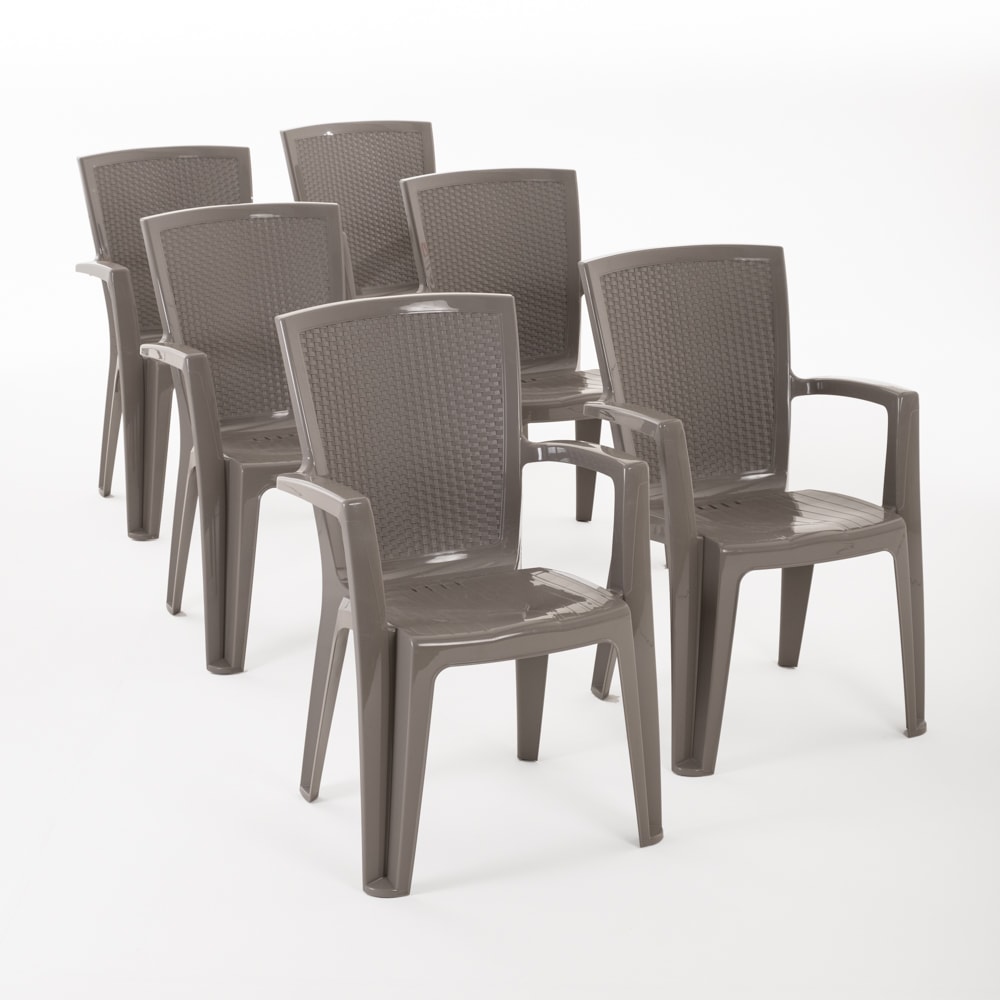 Set de 6 chaises monobloc en polypropylène avec fibre de verre, effet rotin, empilables pour extérieur et jardin, bar et restaurant - Diana - Taupe