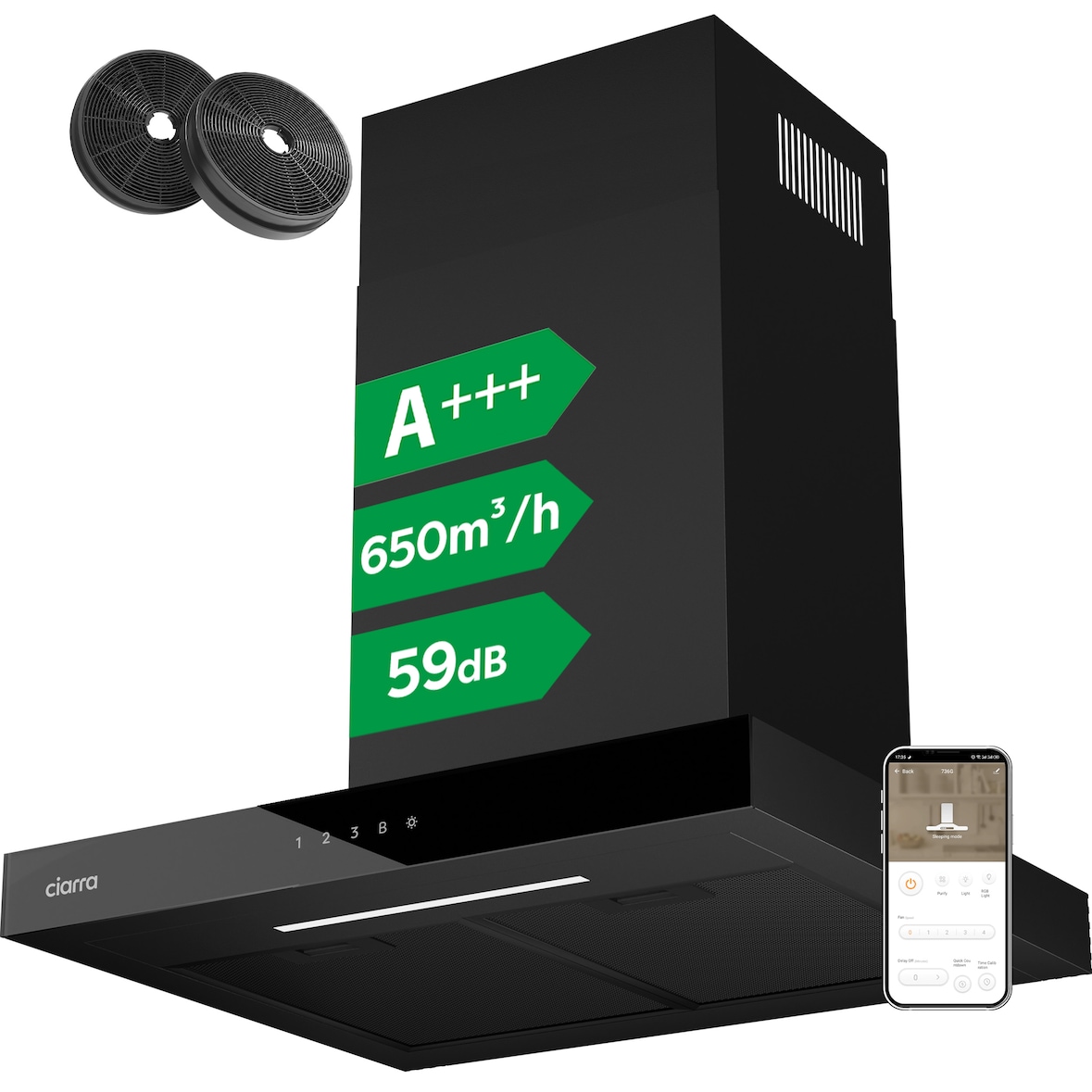 CIARRA A+++ 650 m³/h Dunstabzugshaube 60cm Wandhaube WIFI +APP & Touch Control Boost VMB6102