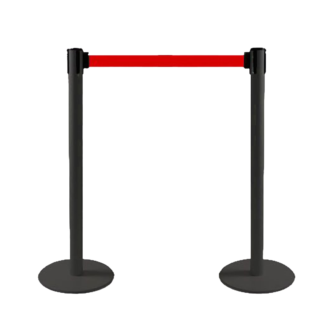 prt visual, colonnina tendinastro in metallo con finitura nera, nastro colore rosso