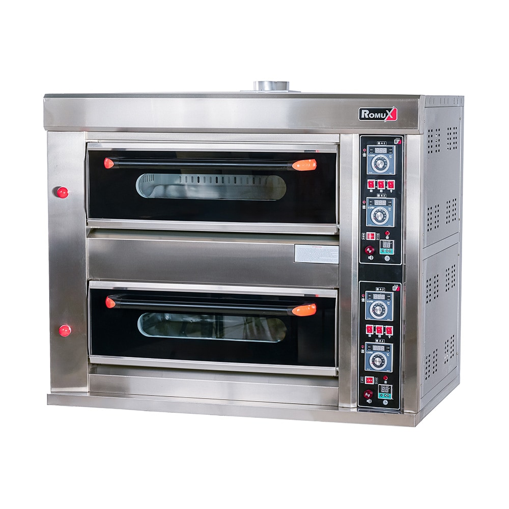 Romux® Forno de Pizza a Gás Butano de 2 câmaras para 4+4 pizzas de 32 cm com Base Cerâmica Refratária e Termostato | Temperatura 400 °C - 20000W
