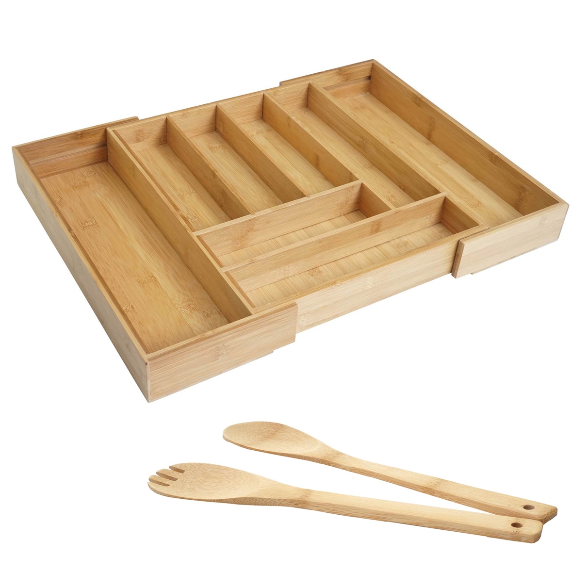 Cubertero + Servidor de ensaladas HWC-B20, bandeja de vajilla con cajón para servir cubiertos accesorios de cocina, bambú