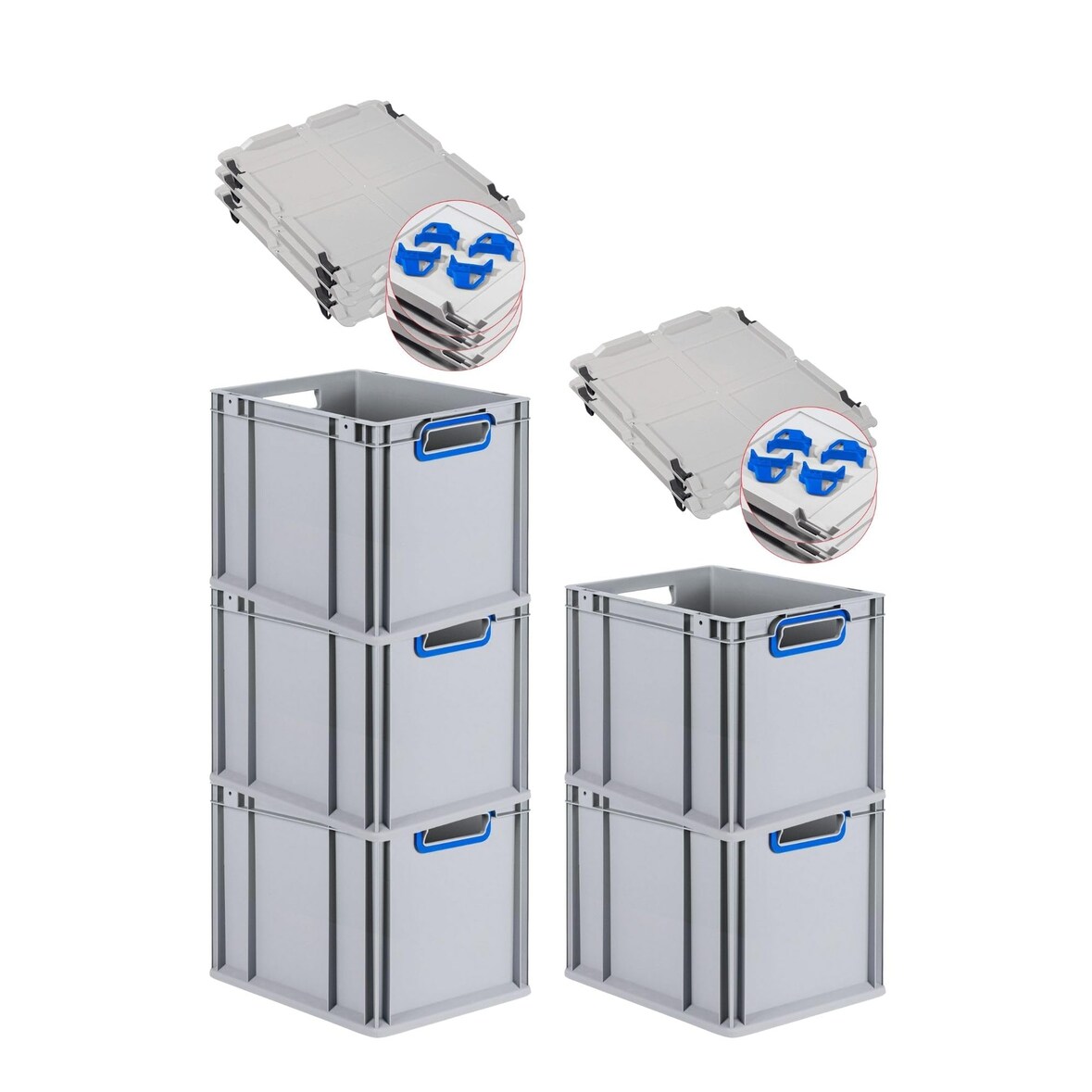PROREGAL SparSet 5x Eurobox NextGen Color mit Auflagedeckel & Verschlüsse, HxBxT 32x30x40cm, 30L, Grau, Griffe blau offen, Eurobehälter, Box