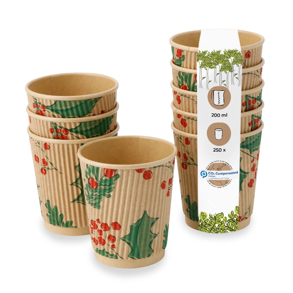BIOZOYG 250 Stück Riffelbecher für Heißgetränke 200ml / 8oz Einwegbecher Pappbecher Zweige Winterbecher kompostierbar umweltfreundlich