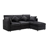 thumbnail of Dreisitzer-Sofa 216x161x81 Grau mit Fußhocker, Chenille Stoff, Komfortkissen, L-förmig erweiterbar, Wohnzimmer Couch