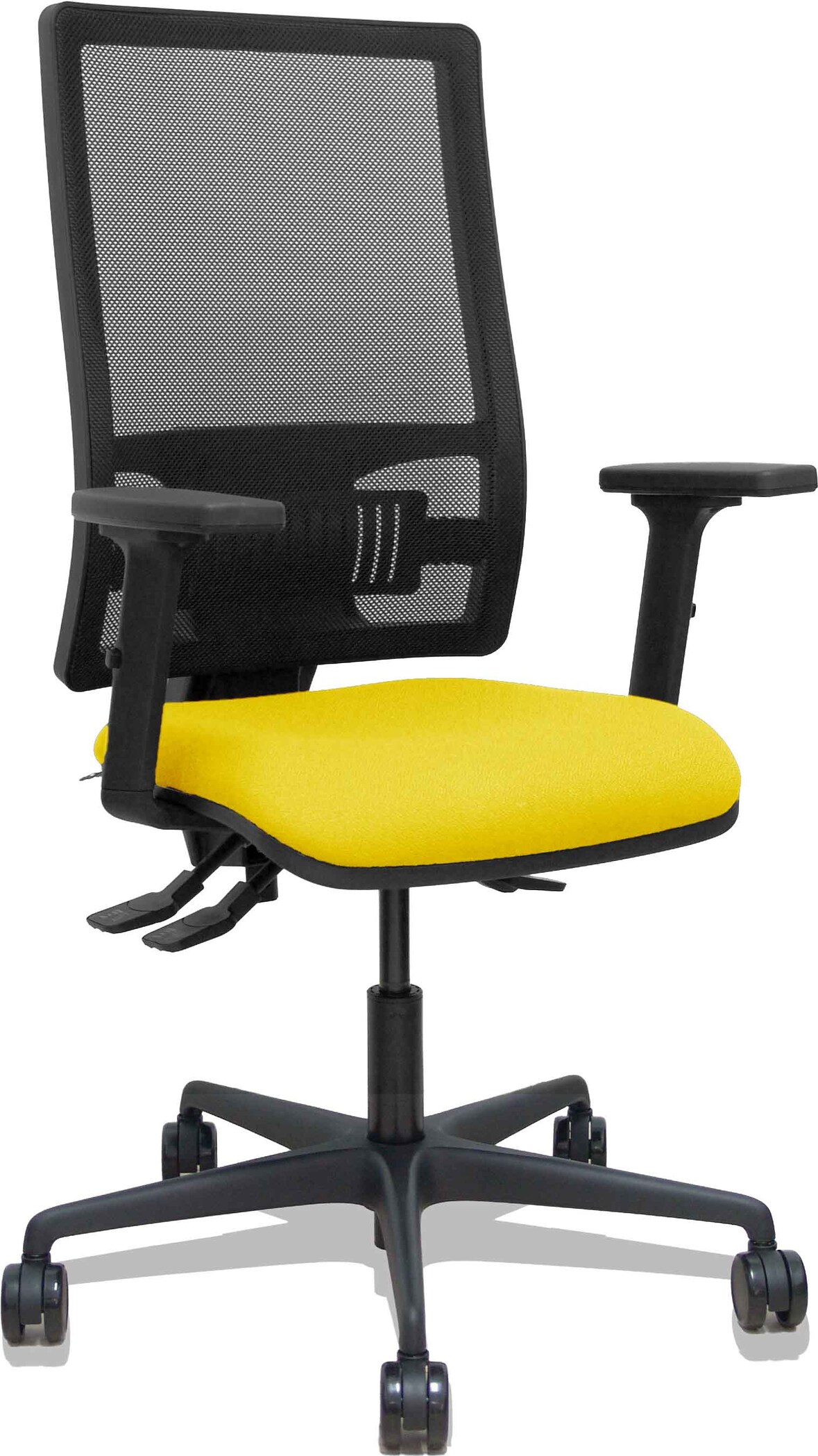 Silla Bormate asincro malla negra asiento bali amarillo brazos 2D ruedas 65mm