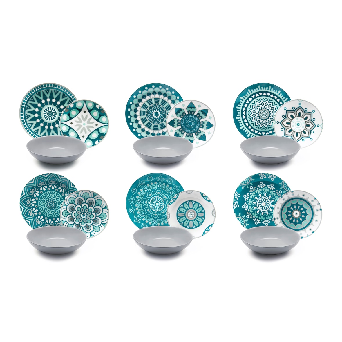 Excelsa Tafelservice 18-teilig Mandala aus blau-grauem Porzellan