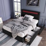 thumbnail of Bett 90x200 LED-Beleuchtung höhenverstellbares Kopfteil 2 Schubladen Stauraum modernes Design Leinen Schwarz