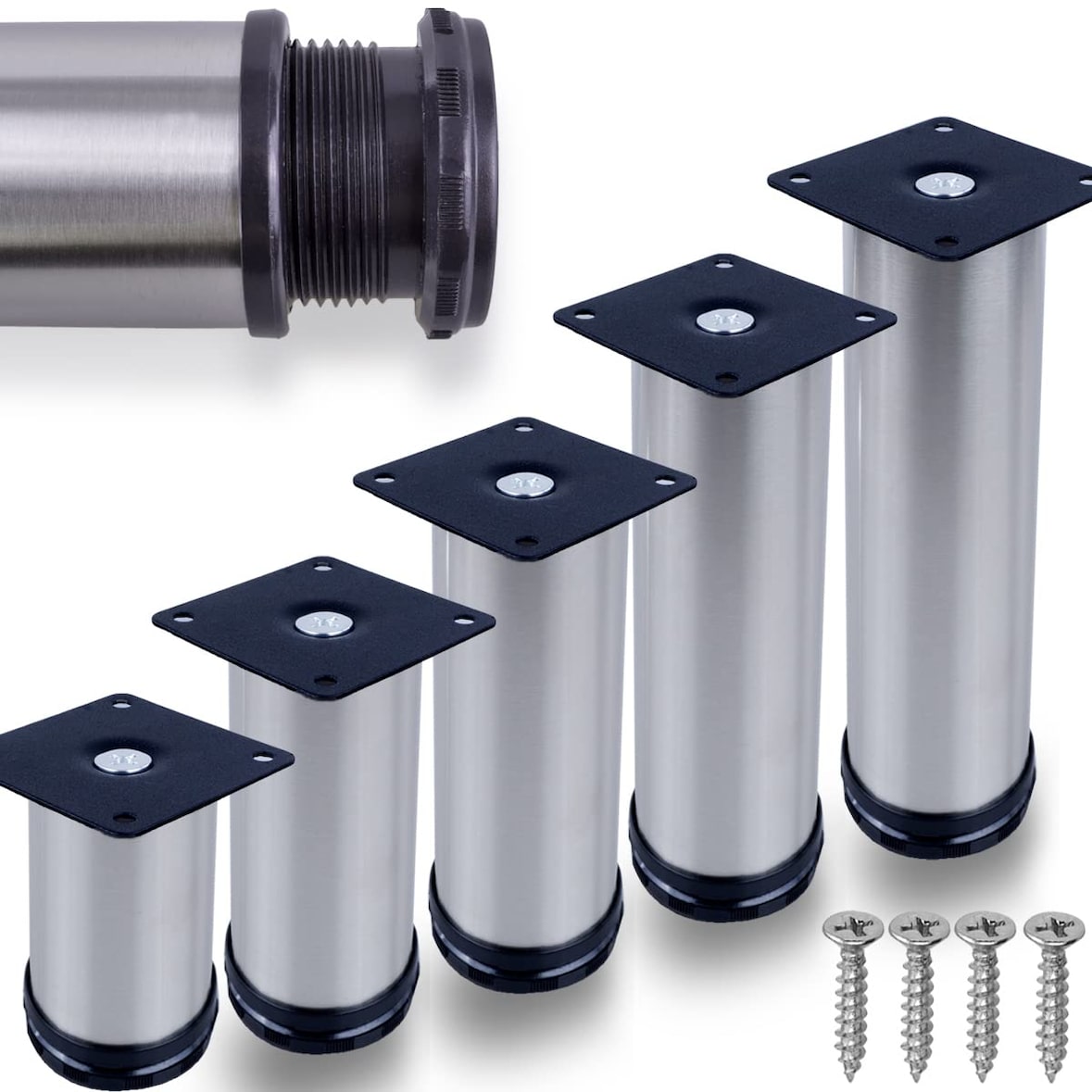 4 x Möbelfuße verstellbar EDELSTAHL 50mm Sofafuß Küchenfuß Sockelfüße Bettfüße 250mm