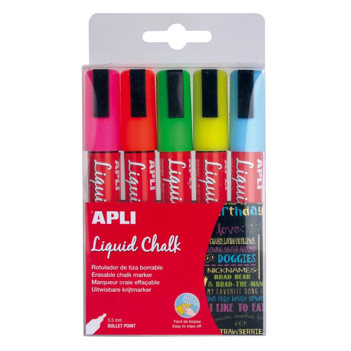 APLI AGIPA Marqueur craie liquide effaçable pointe ronde rose|rouge|bleu|jaune|vert x 5