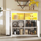 thumbnail of Ausziehbarer Bartisch 205x39x100 cm mit Stauraum Schiebetür Glas Rollen mit Bremsen mit LED-Beleuchtung USB Anschluss Weiß MDF