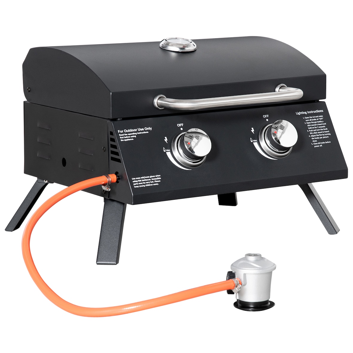 Barbacoa de Mesa a Gas Plegable con 2 Quemadores Parrilla de Gas Portátil con Tapa Acero a Carbono para Camping Picnic al Aire Libre 55x46,5x41 cm
