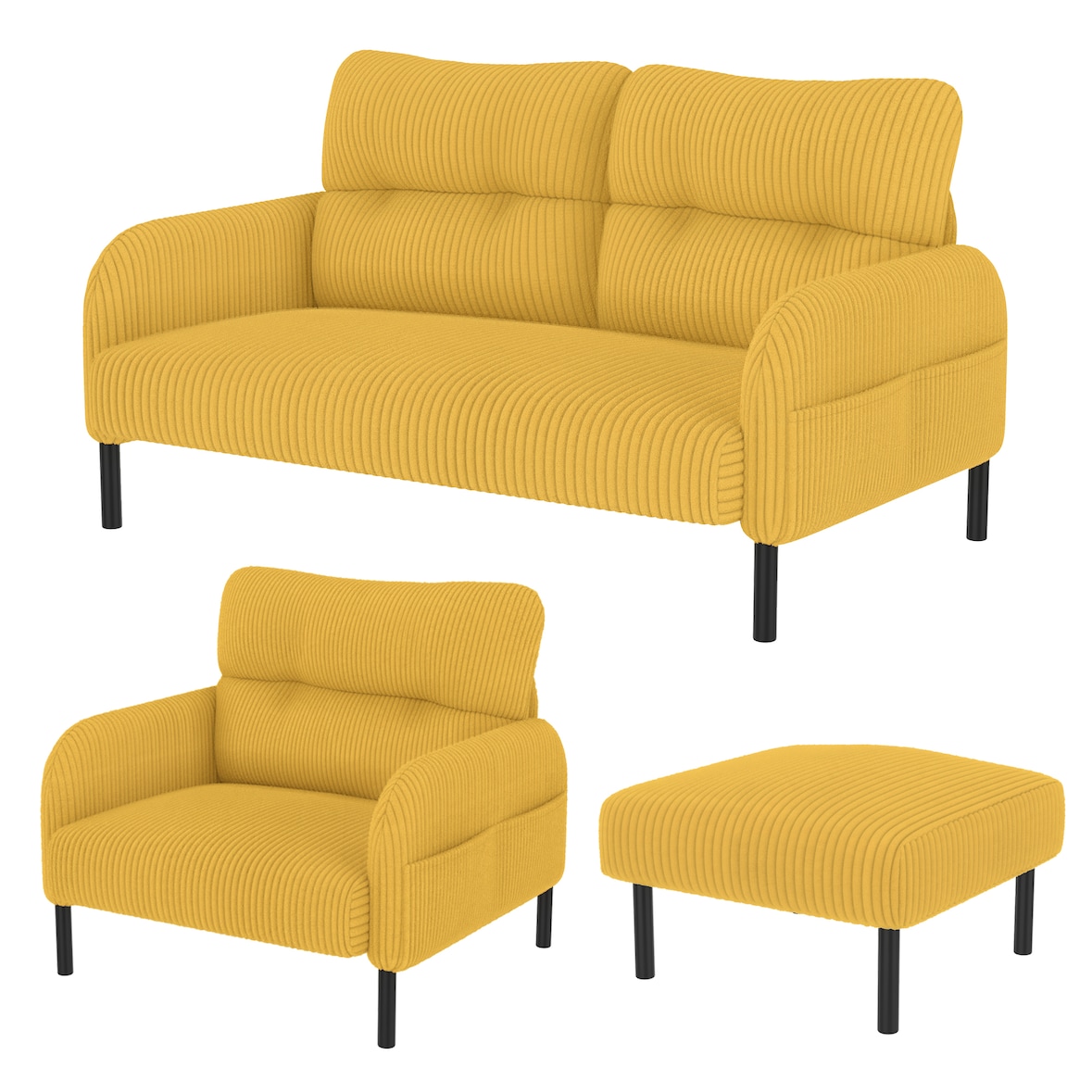 Merax Modulares 3er-Set Cord-Sofa: Sessel, 2-Sitzer & Hocker mit Tasche, Senfgelb