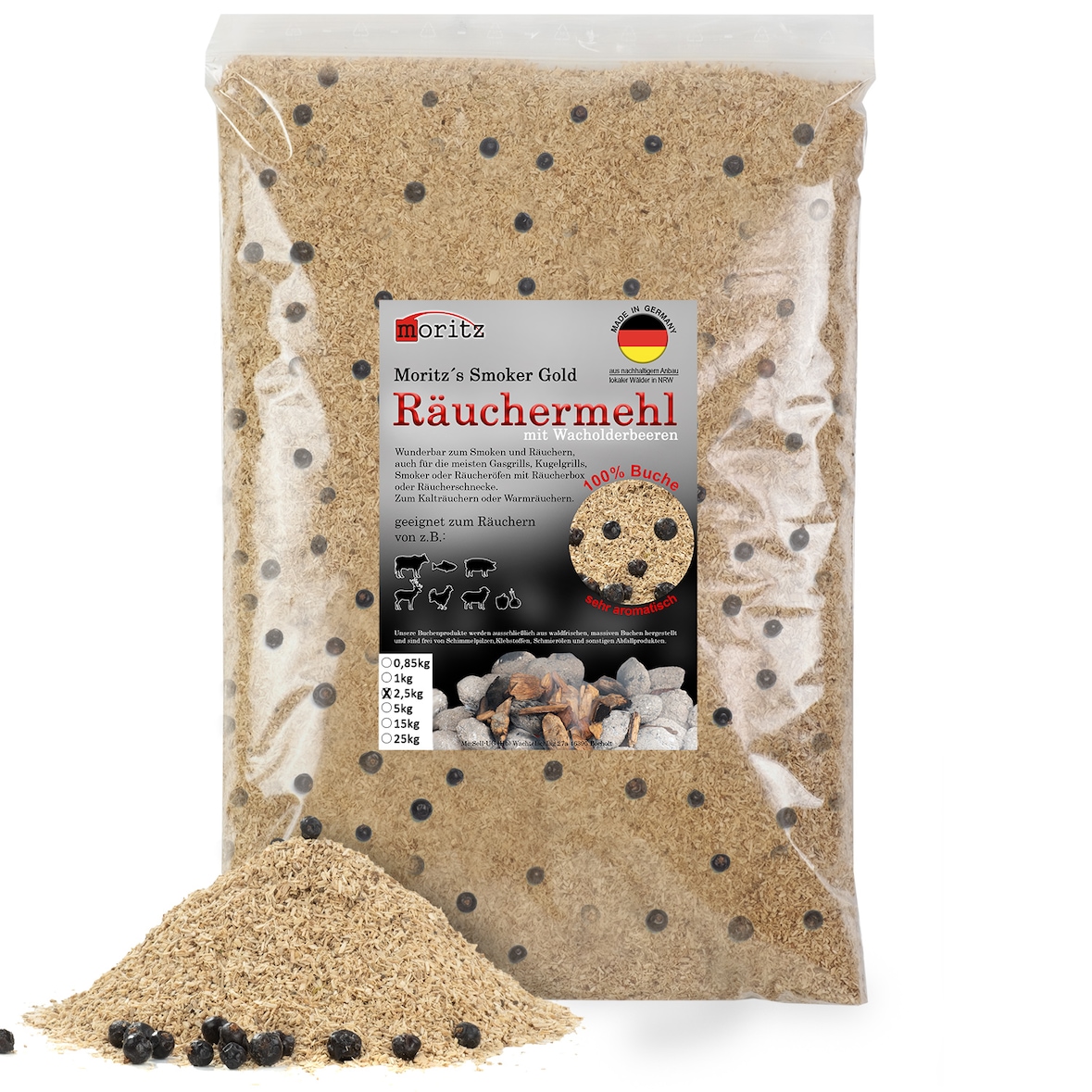 Moritz 2,5kg Räuchermehl Buche mit Wacholder fein 0,5 -1 mm Räuchern I Kalträuchern von Fisch Fleisch Wurst Käse auch für BBQ I Grill - Räucherspäne