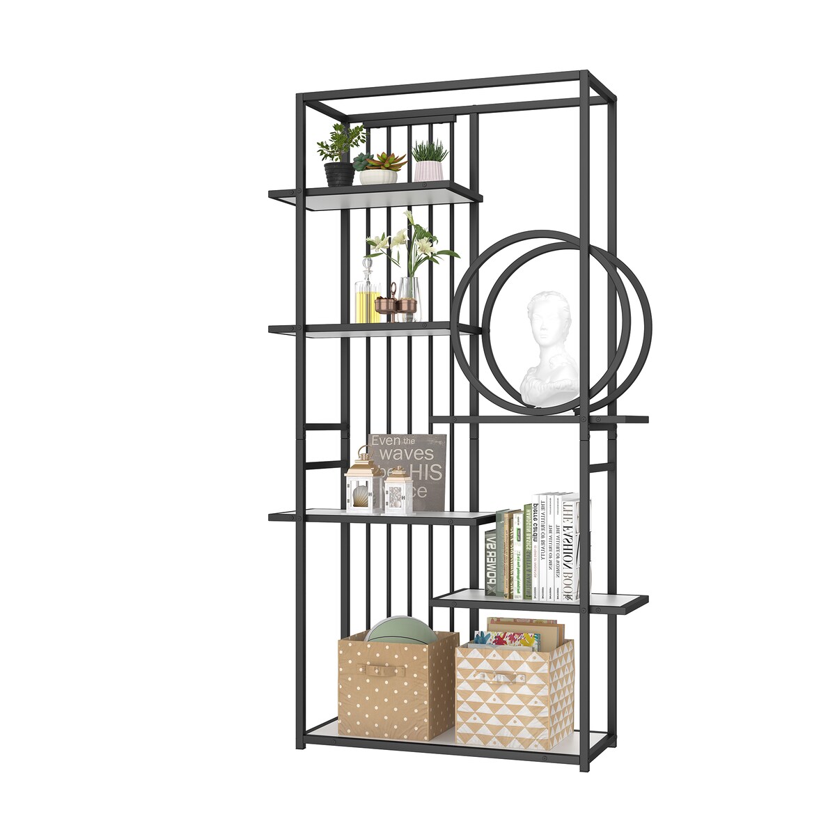 Standregal Metall + MDF Schwarz-Weiß 100x30x180 cm, 6 Ablagen, geometrisches Design
